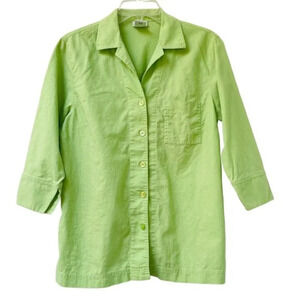 Liz Baker Linen Blouse Womens Large Petite Green Collared Button Front Office